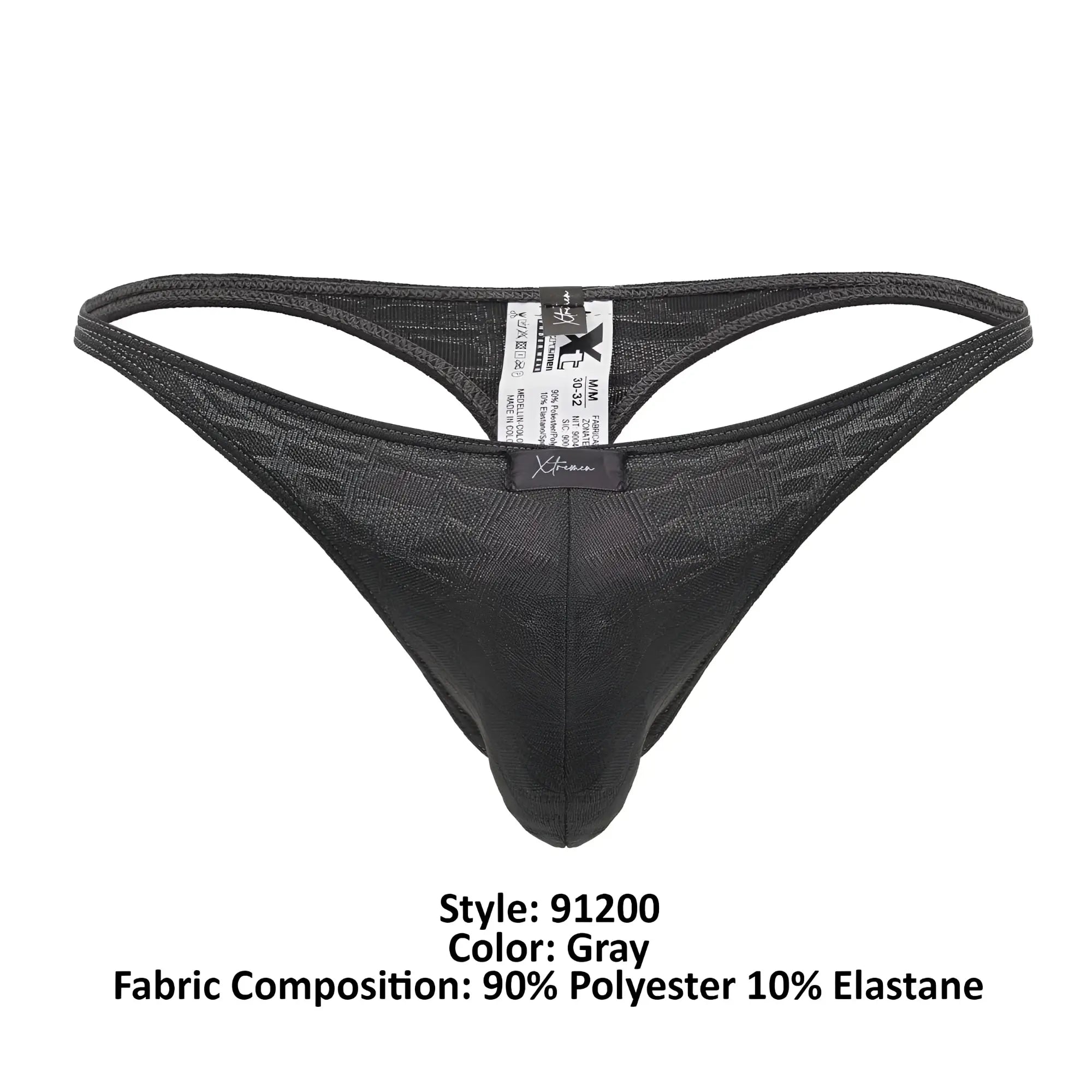 Xtremen 91200 jacquard thong in gray with subtle textured pattern made from 90 polyester 10 elastane