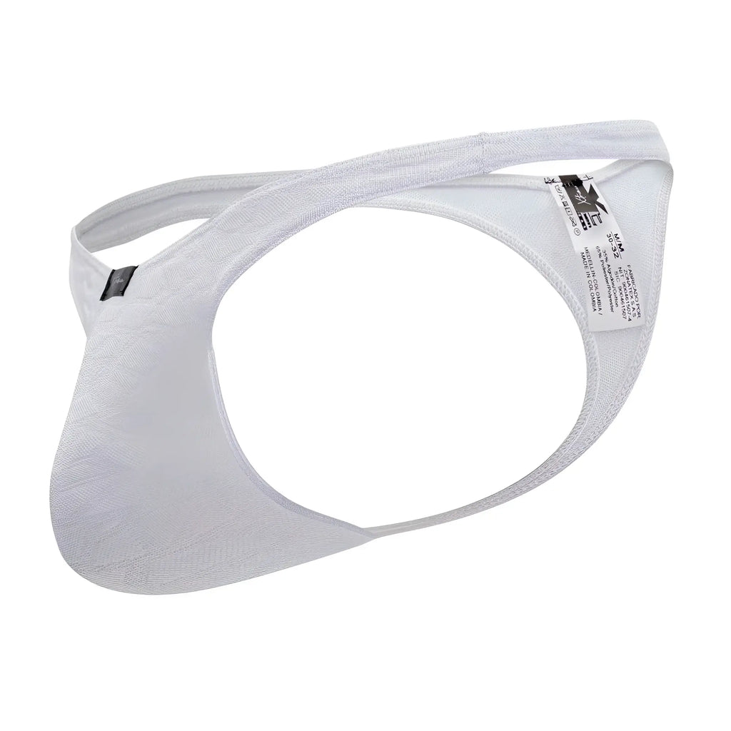 White lace-trimmed xtremen 91200 jacquard men’s thong with subtle texture and adjustable straps in white
