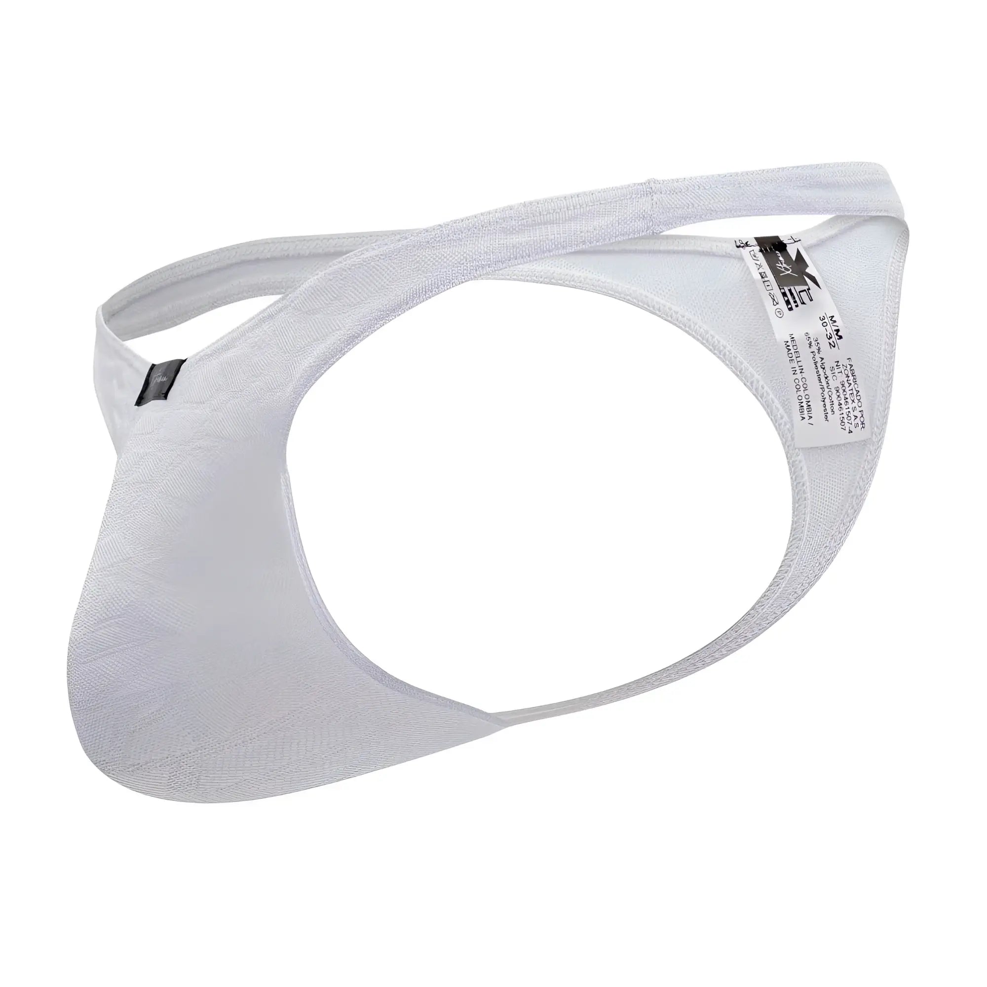 White lace-trimmed xtremen 91200 jacquard men’s thong with subtle texture and adjustable straps in white