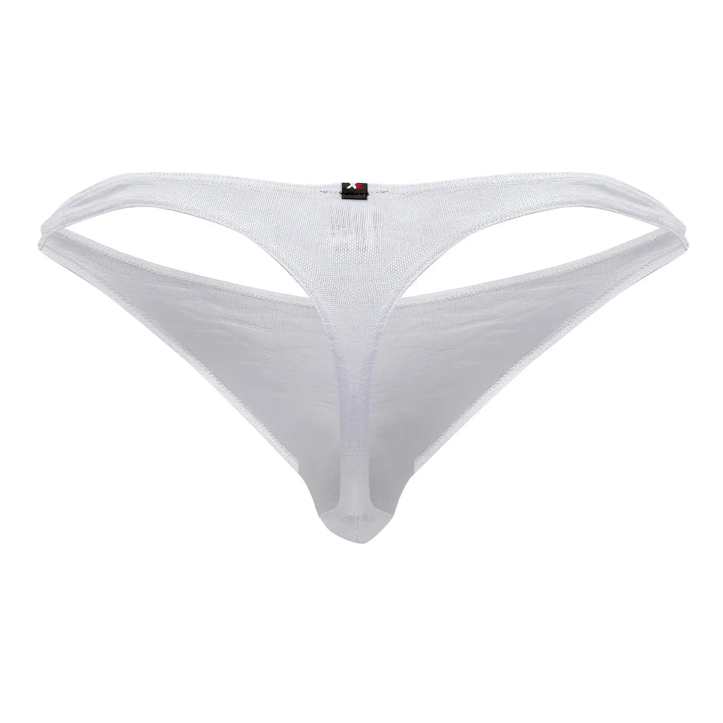 White mesh Xtremen 91200 Jacquard thong with subtle shimmer and small black brand tag visible on back side