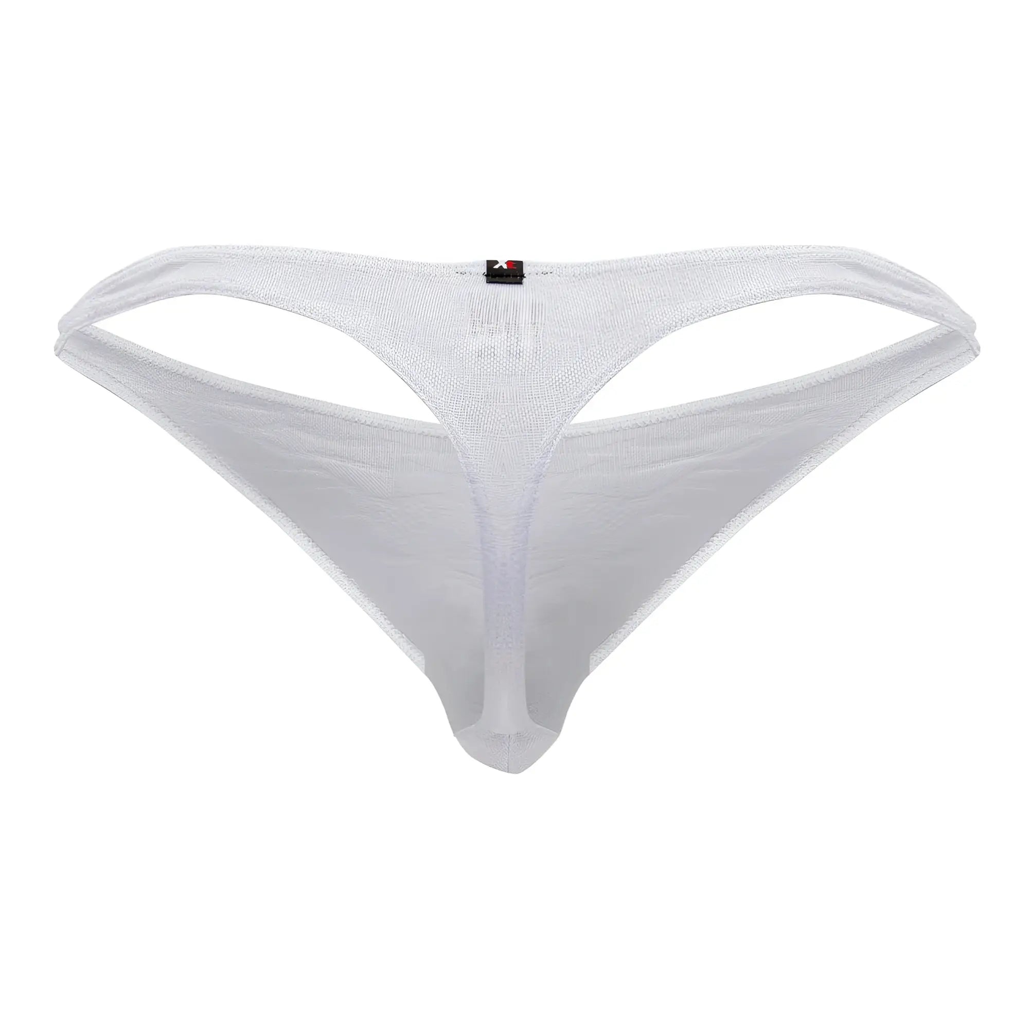 White mesh Xtremen 91200 Jacquard thong with subtle shimmer and small black brand tag visible on back side