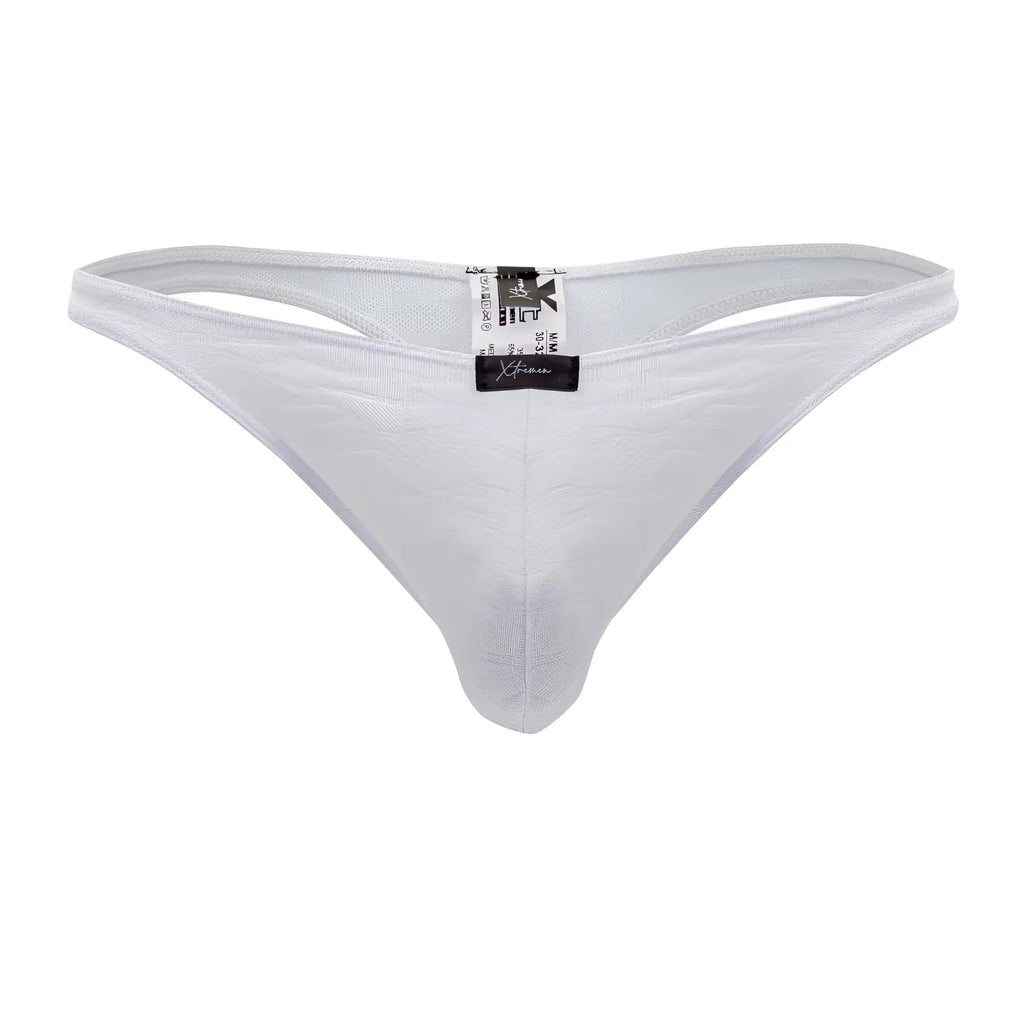 Back side of xtremen 91200 jacquard white thong with textured pattern and black brand tag