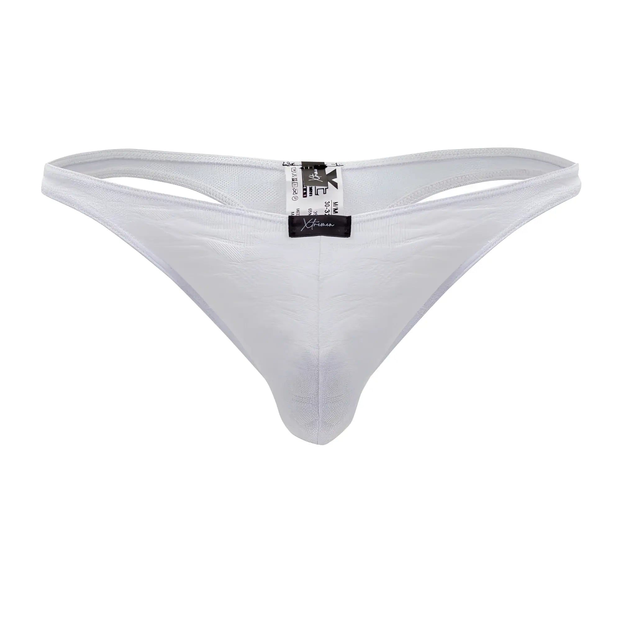 Back side of xtremen 91200 jacquard white thong with textured pattern and black brand tag
