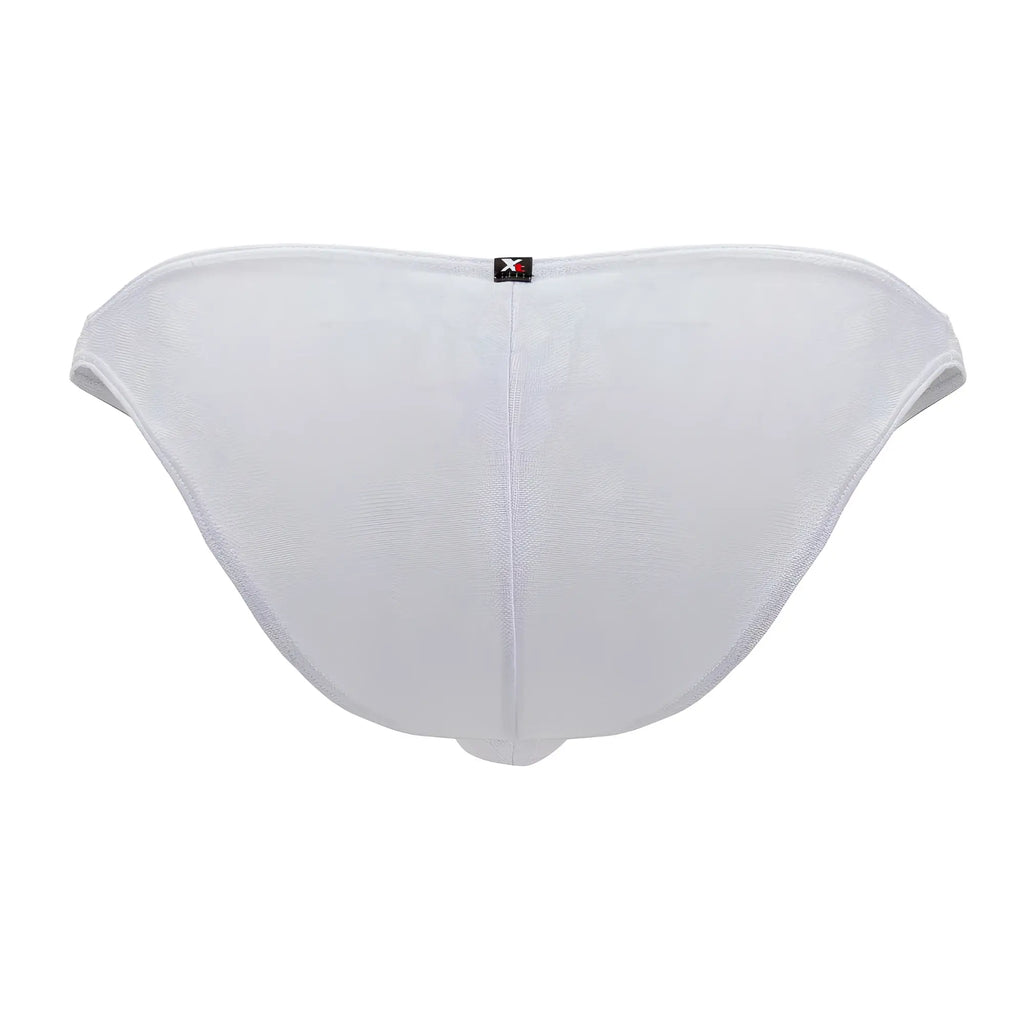 Back view of xtremen 91201 jacquard bikini white mesh briefs with subtle texture and small black brand tag at center back