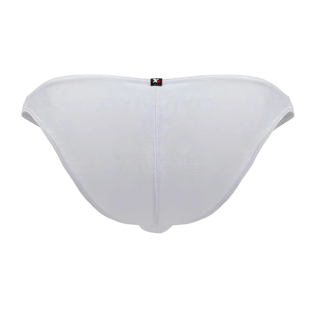 Back view of xtremen 91201 jacquard bikini white mesh briefs with subtle texture and small black brand tag at center back