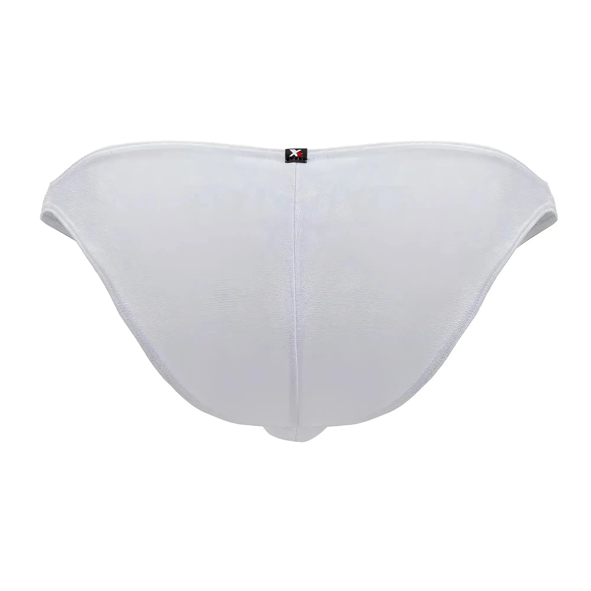 Back view of xtremen 91201 jacquard bikini white mesh briefs with subtle texture and small black brand tag at center back
