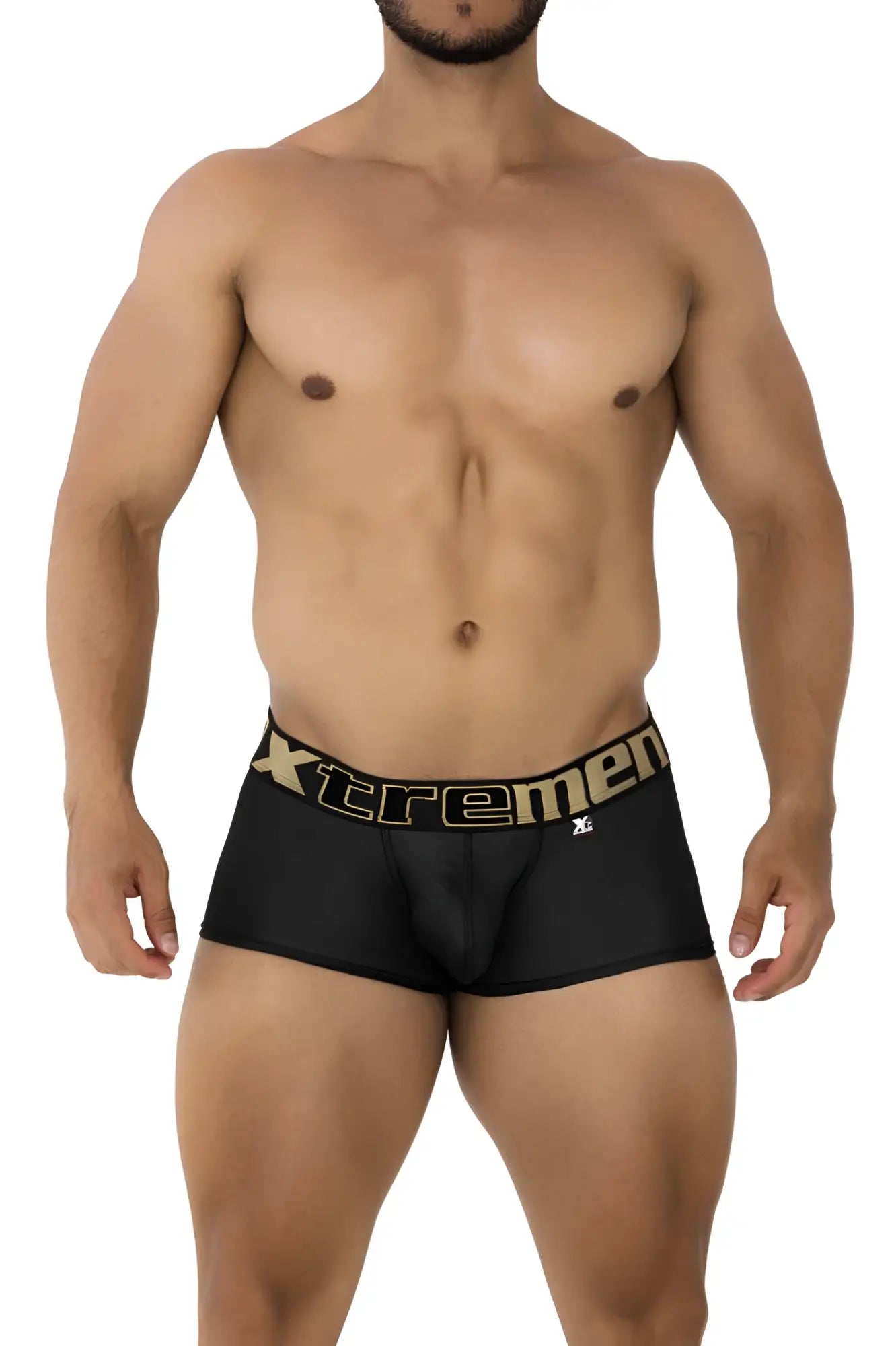 Black xtremen 91202 microfiber trunks with gold waistband logo and xl size tag