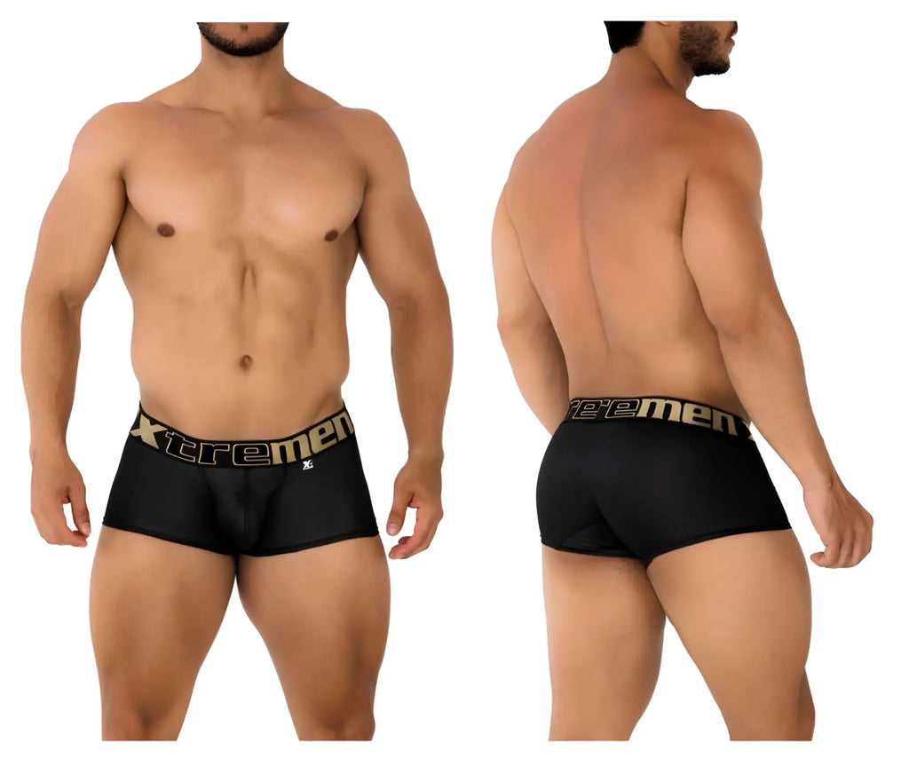 Black xtremen 91202 microfiber boxer briefs with gold lettering on the waistband for comfortable everyday wear
