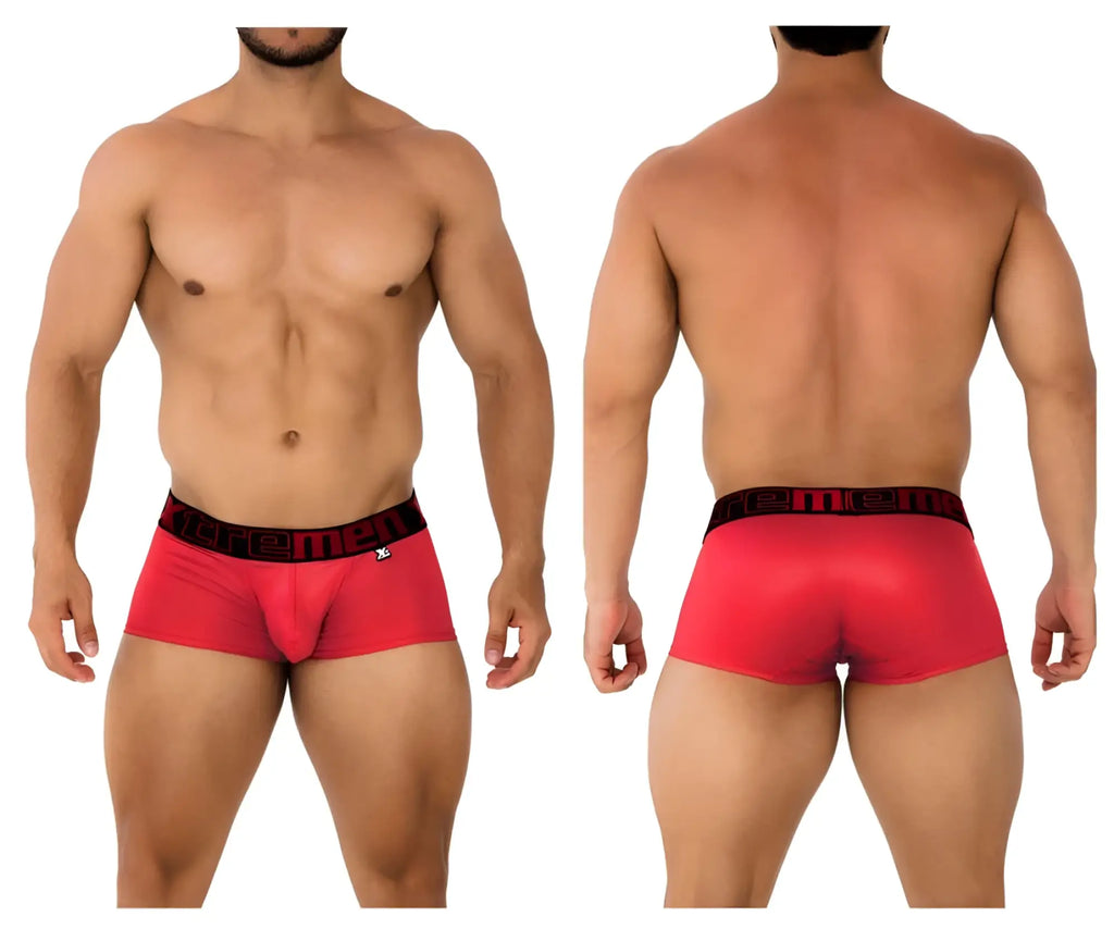 Xtremen 91202 microfiber cherry red men’s briefs with black waistband and men branding in white lettering