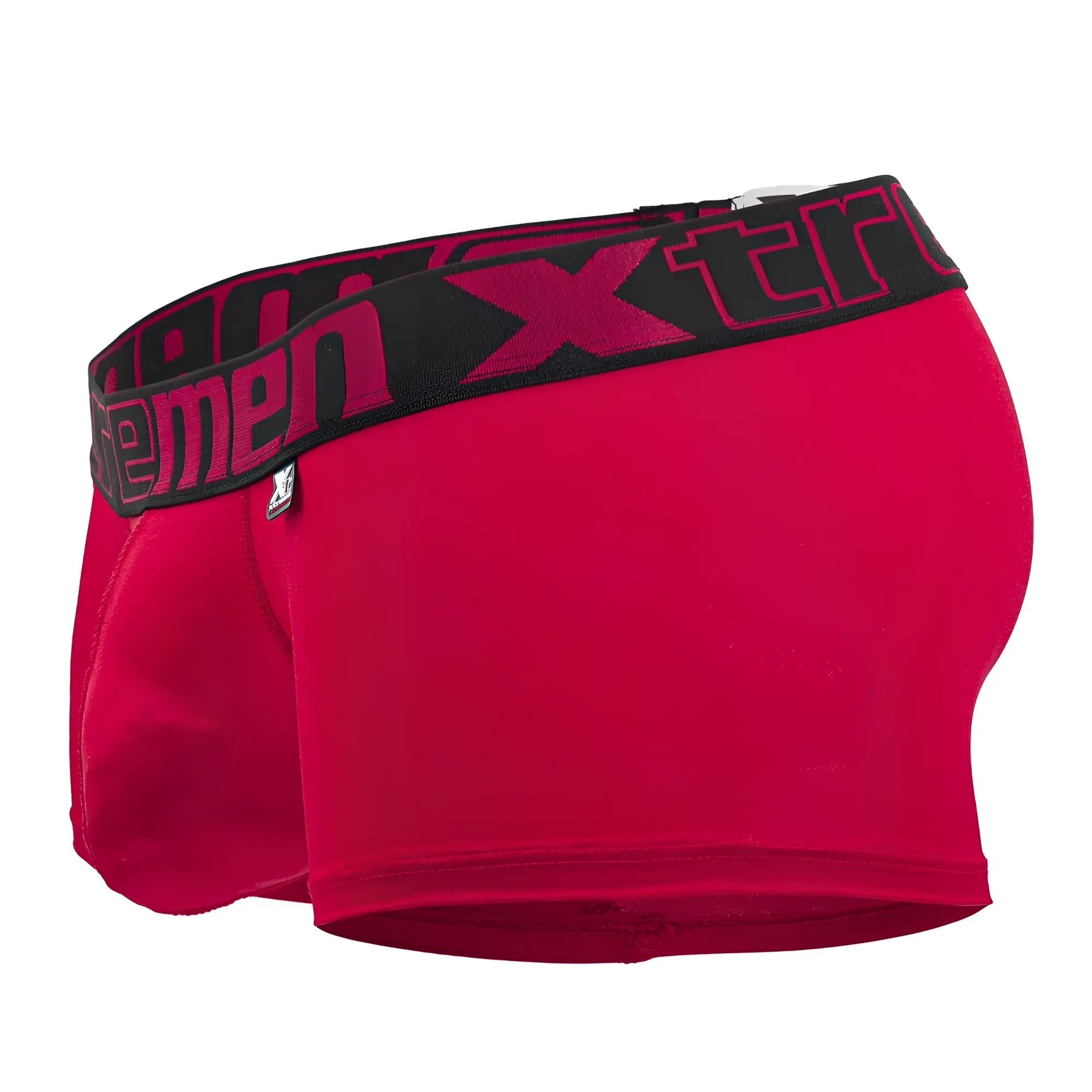 Red men’s Xtremen 91202 microfiber boxer briefs in cherry with a black waistband and pink xtreme branding