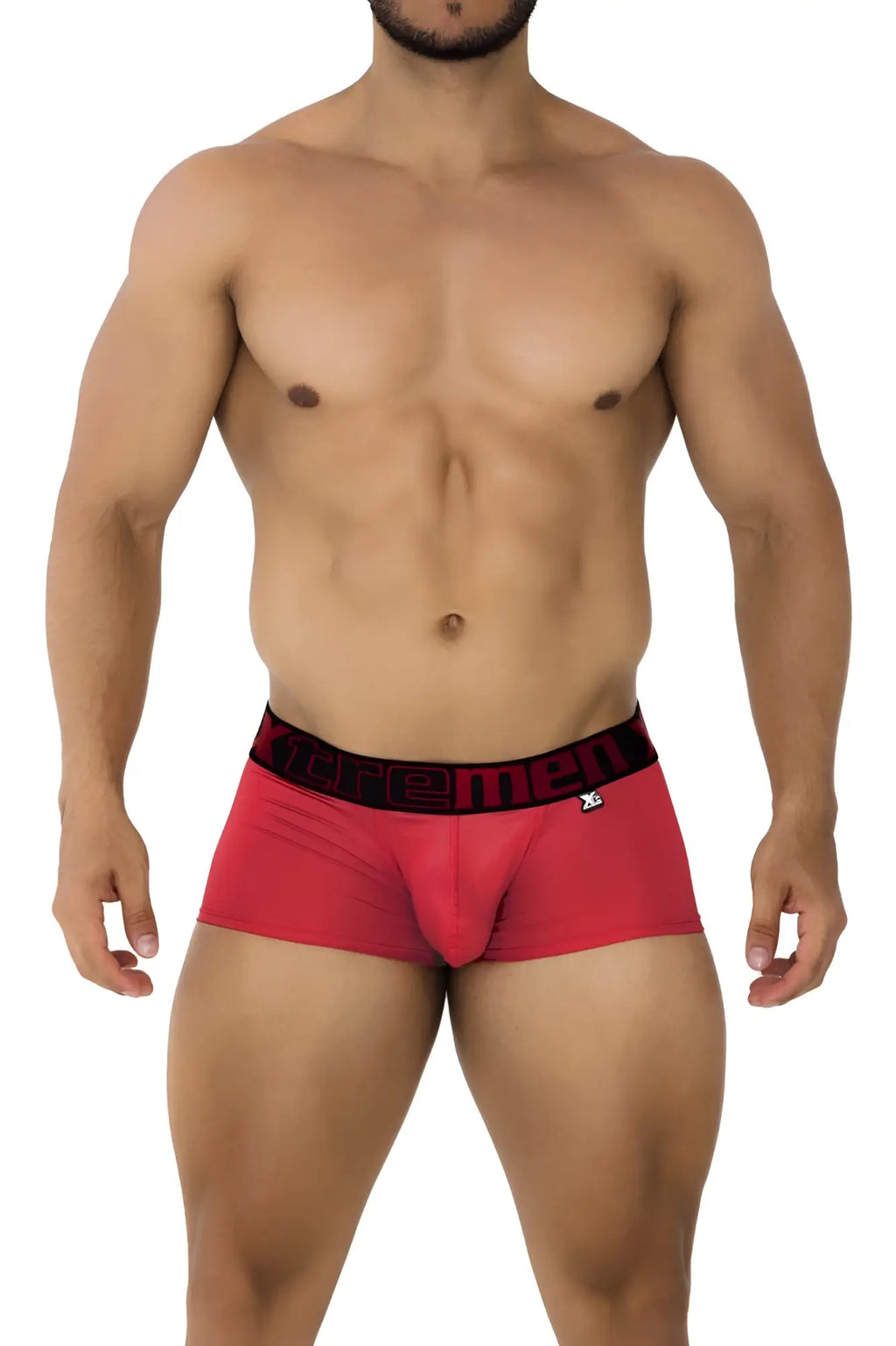 Red xtremen 91202 microfiber trunks with black waistband featuring xtrememen logo and x-shaped brand emblem