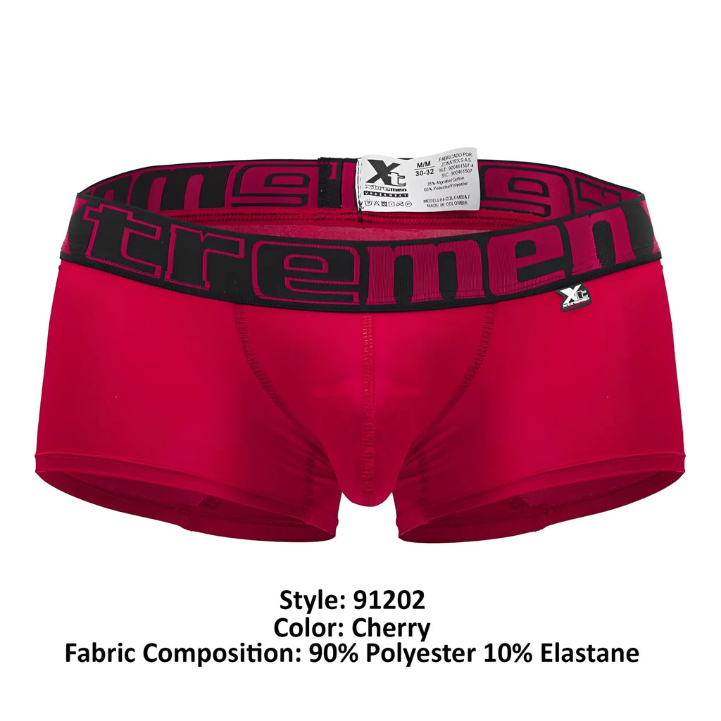 Red mens microfiber boxer briefs in cherry with black waistband featuring bold pink xtremen logo