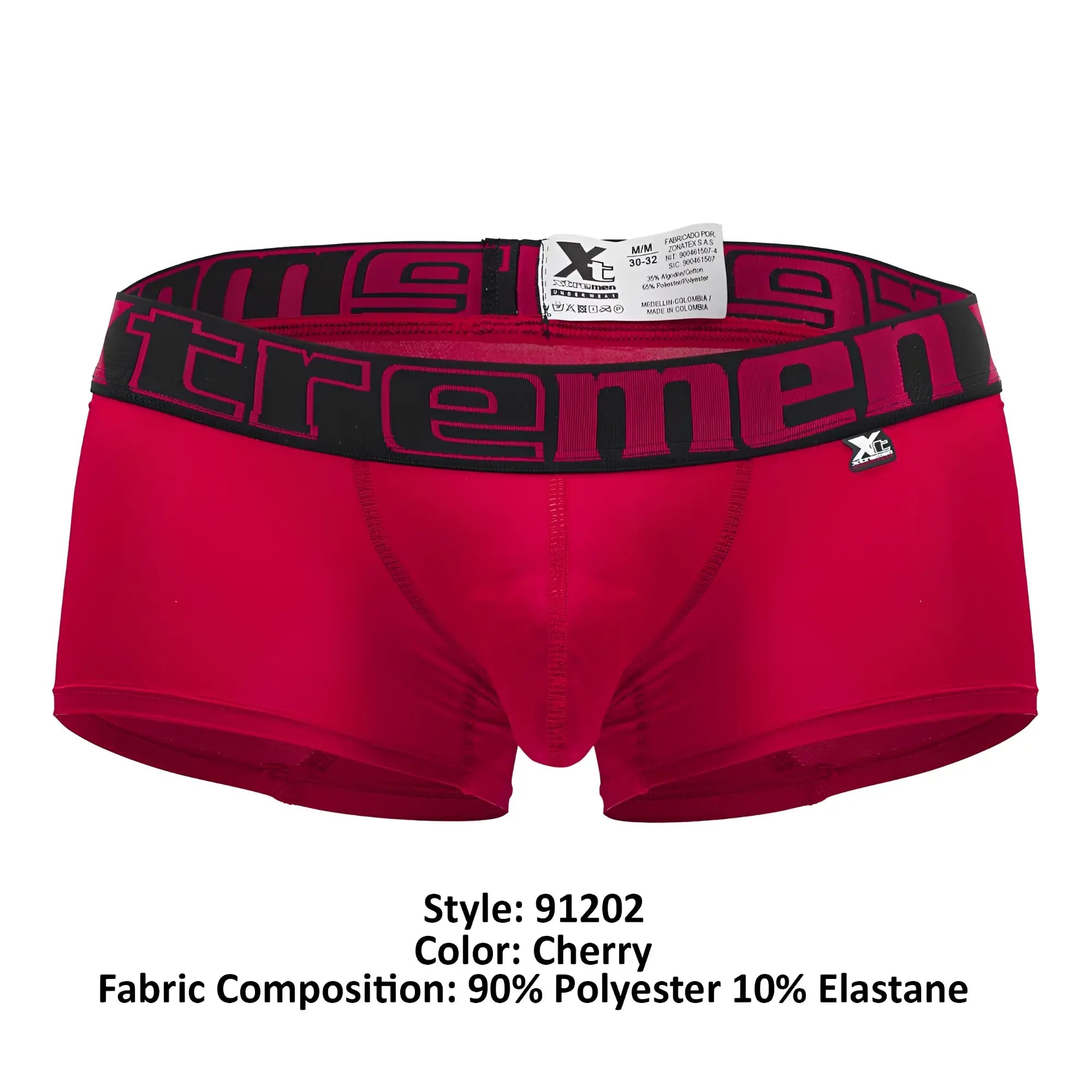 Red mens microfiber boxer briefs in cherry with black waistband featuring bold pink xtremen logo