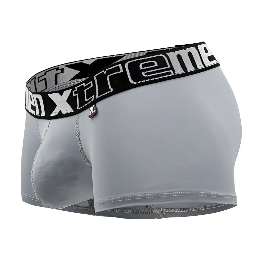 Gray xtremen 91202 microfiber men’s boxer briefs with black waistband featuring white xtreme branding and logo tag