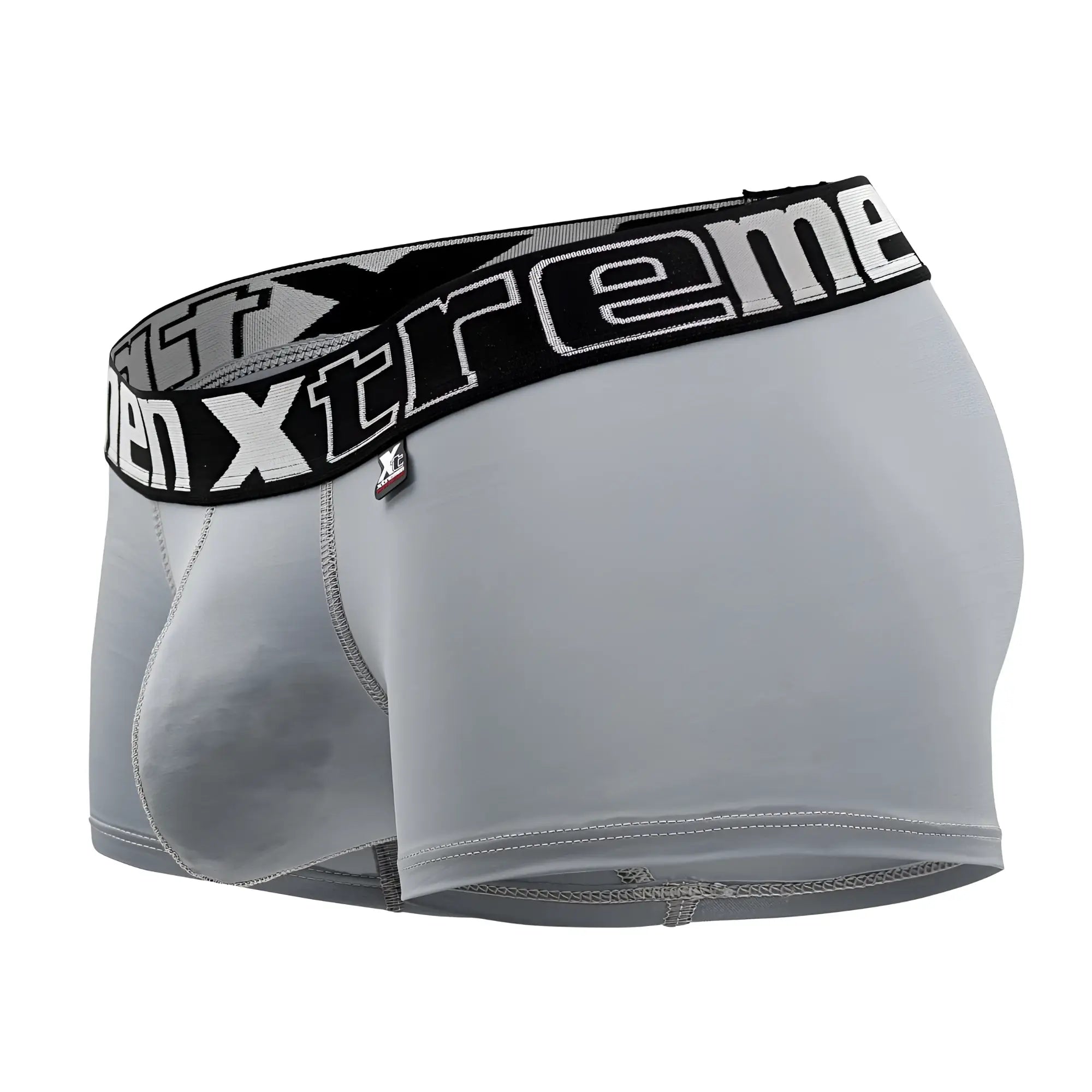 Gray xtremen 91202 microfiber men’s boxer briefs with black waistband featuring white xtreme branding and logo tag