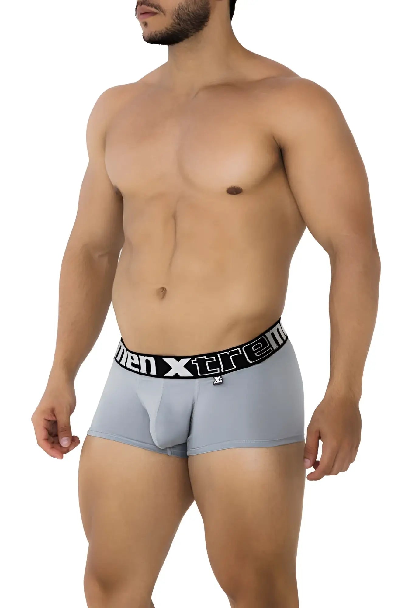 Gray men’s microfiber boxer briefs with black elastic waistband and men xtreme logo for active comfort