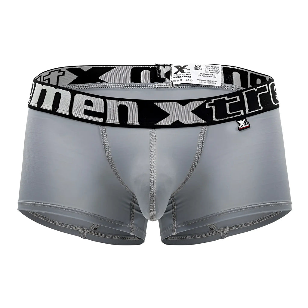 Gray xtremen 91202 microfiber men’s boxer briefs with black waistband featuring white xtreme lettering and brand tag