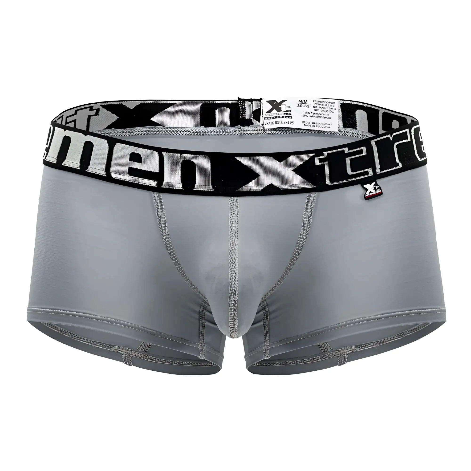 Gray xtremen 91202 microfiber men’s boxer briefs with black waistband featuring white xtreme lettering and brand tag