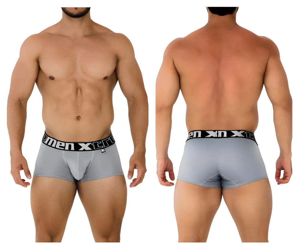Gray men’s Xtremen 91202 microfiber boxer briefs with black waistband and white men xtra logo