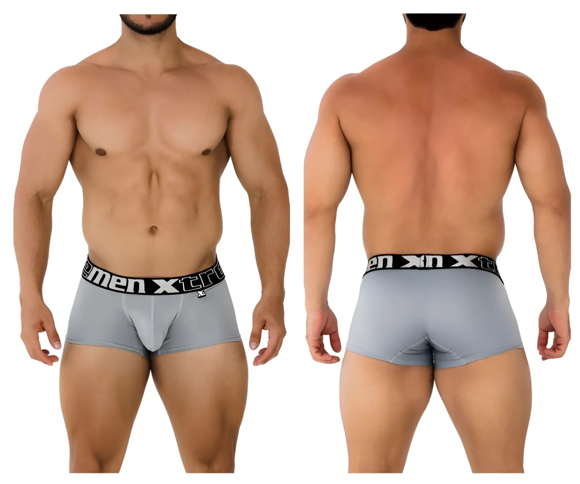 Gray men’s Xtremen 91202 microfiber boxer briefs with black waistband and white men xtra logo