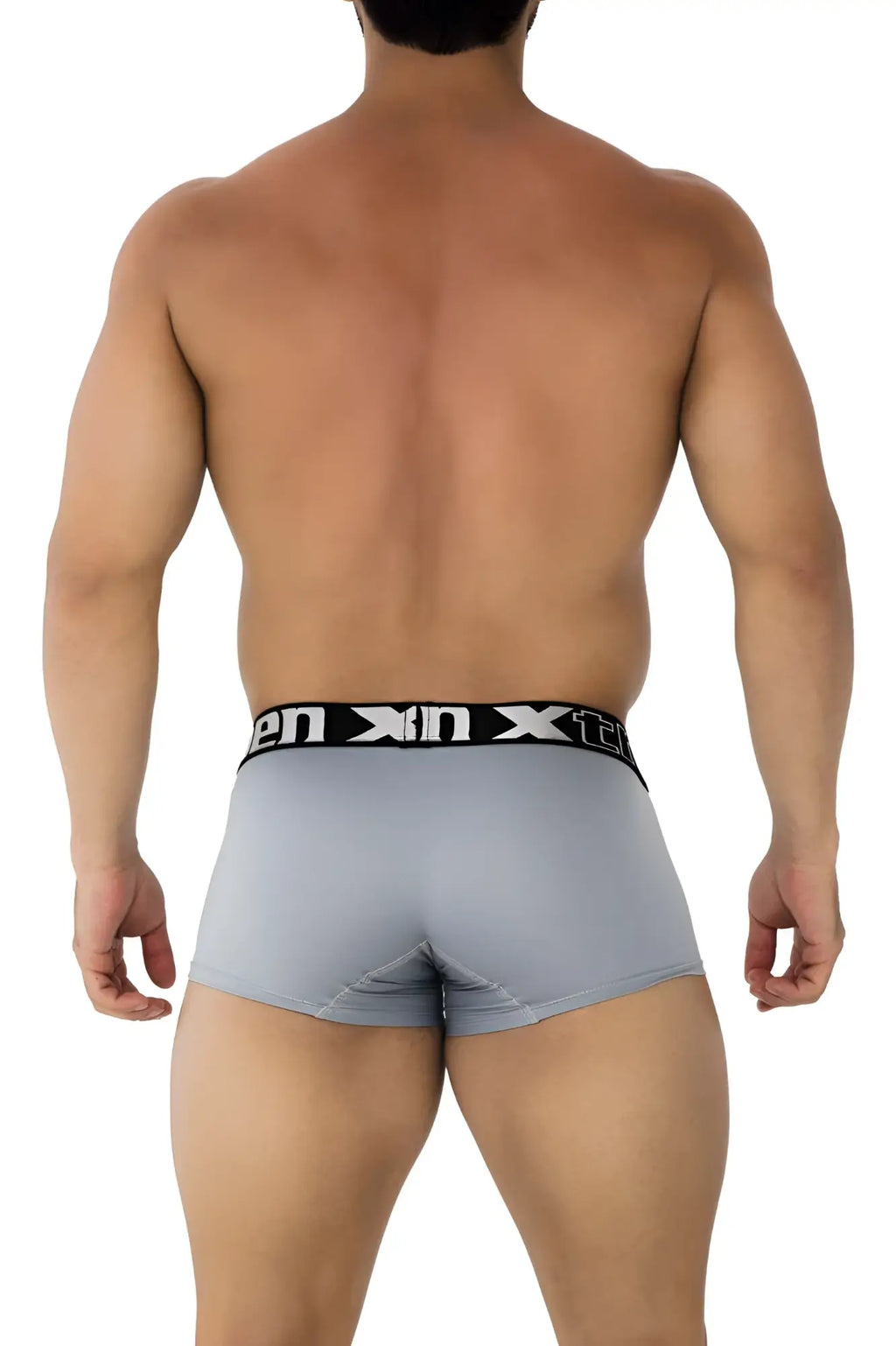 Gray xtremen 91202 microfiber boxer briefs with black elastic waistband and white xin brand logo