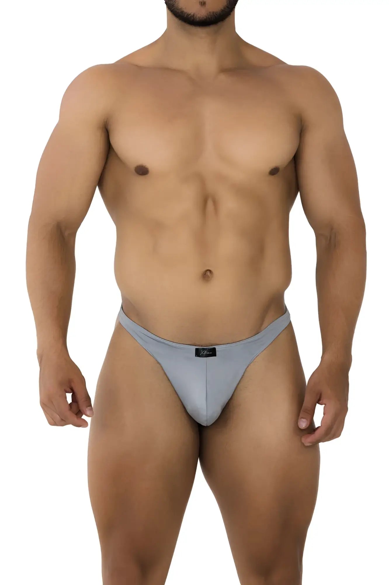 Gray xtremen 91203 microfiber thongs with sleek form-fitting design and black brand tag at waistband front view
