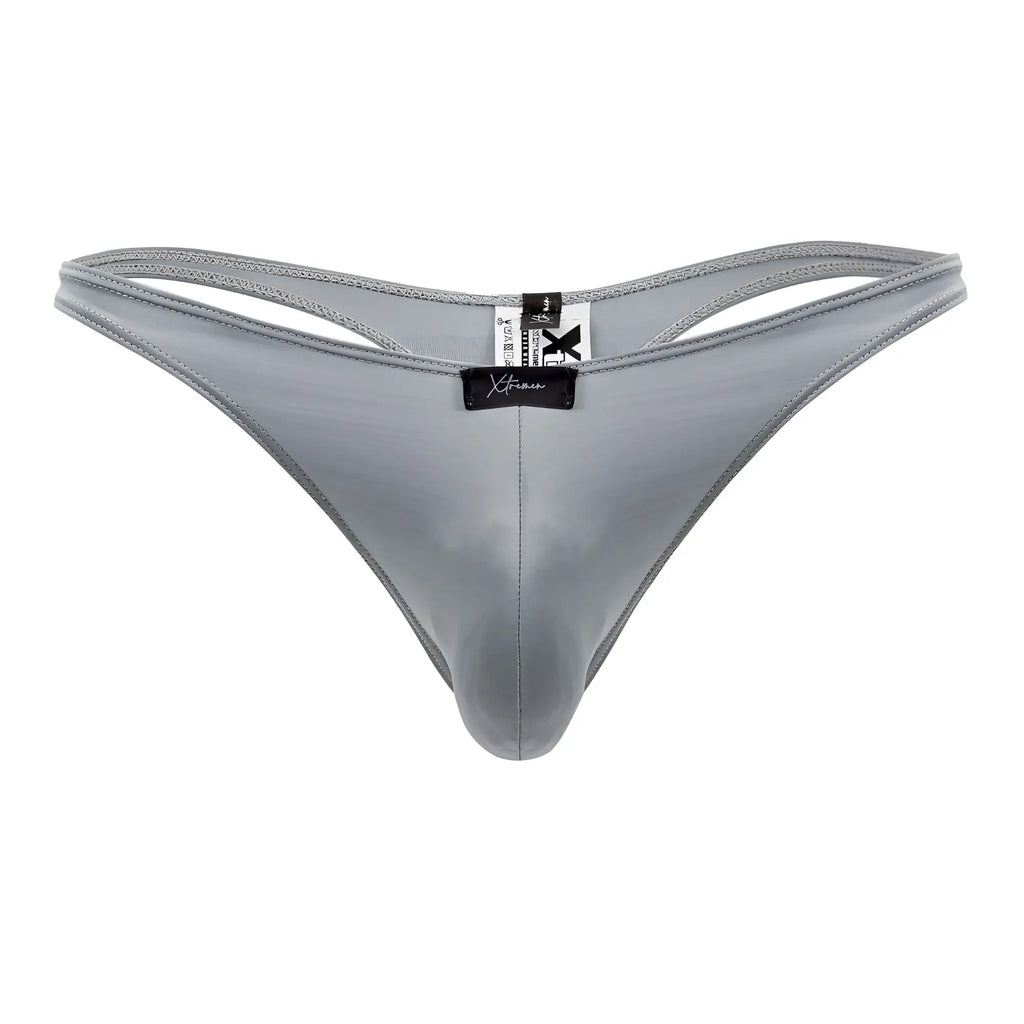 Gray shiny nylon xtremen 91203 microfiber thong with black brand tag showing front side