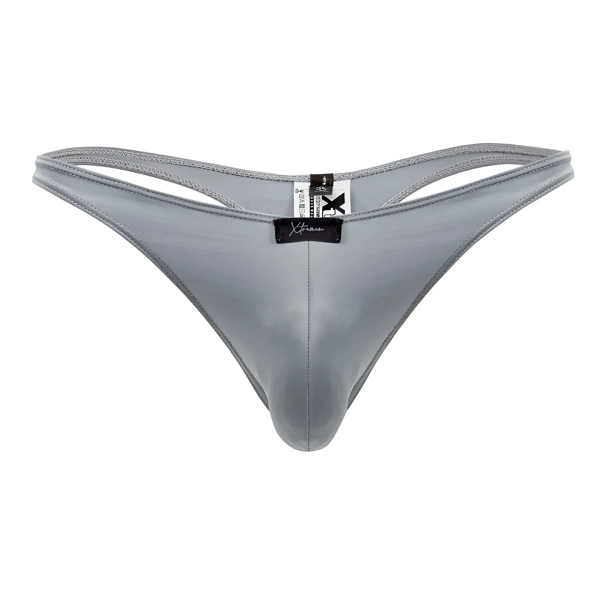 Gray shiny nylon xtremen 91203 microfiber thong with black brand tag showing front side
