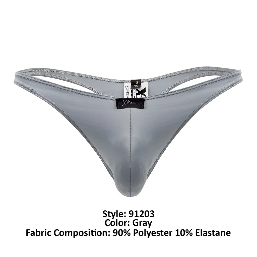 Gray xtremen 91203 microfiber thong made of 90% polyester 10% elastane with sleek smooth texture shown from the back