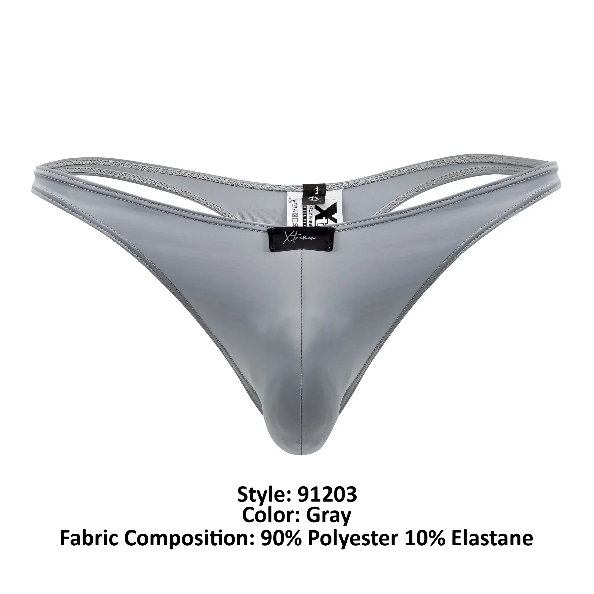 Gray xtremen 91203 microfiber thong made of 90% polyester 10% elastane with sleek smooth texture shown from the back