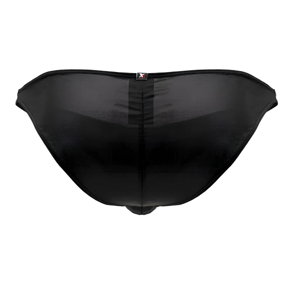 Back view of xtremen 91204 microfiber bikini briefs in black with mesh fabric, central seam, and small logo tag