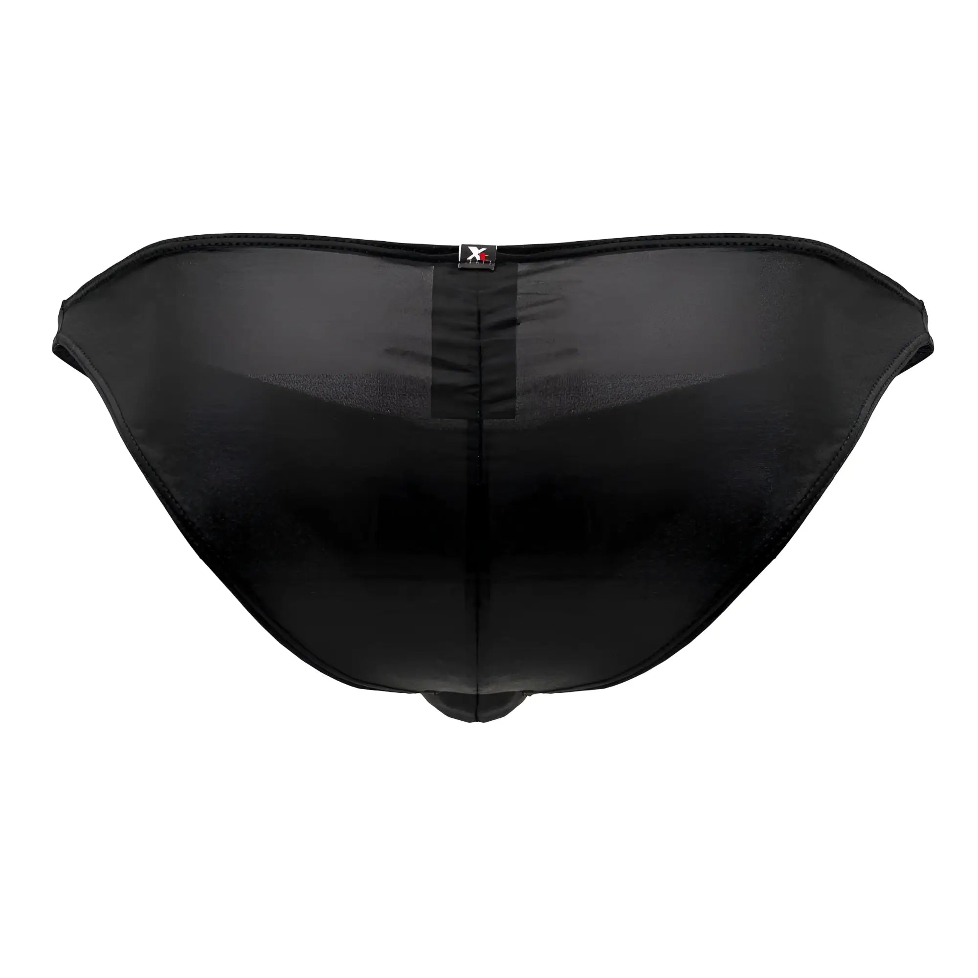 Back view of xtremen 91204 microfiber bikini briefs in black with mesh fabric, central seam, and small logo tag