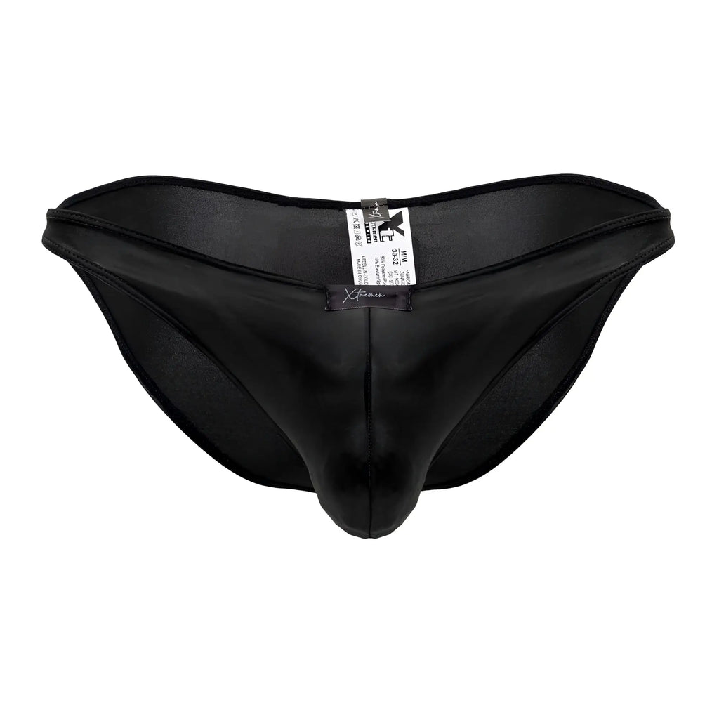 Black satin-like men’s briefs xtremen 91204 microfiber bikini with smooth glossy finish and central seam in black