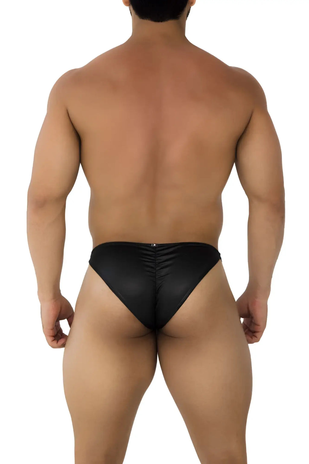 Back view of xtremen 91204 black microfiber bikini briefs with ruched satin-like fabric for a sleek fit