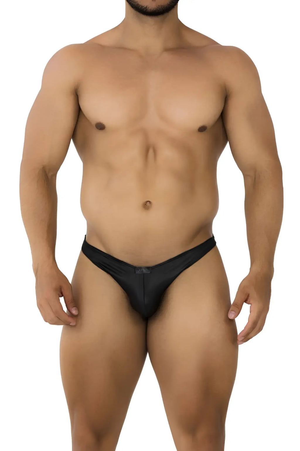 Black sleek form-fitting Xtremen 91204 microfiber bikini thong made of smooth shiny material shown from the back