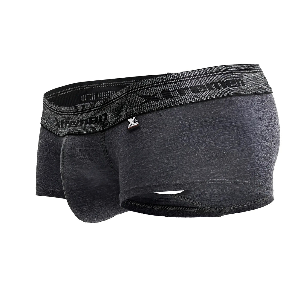 Dark gray heathered men’s cotton blend boxer briefs with black xtremen branded elastic waistband