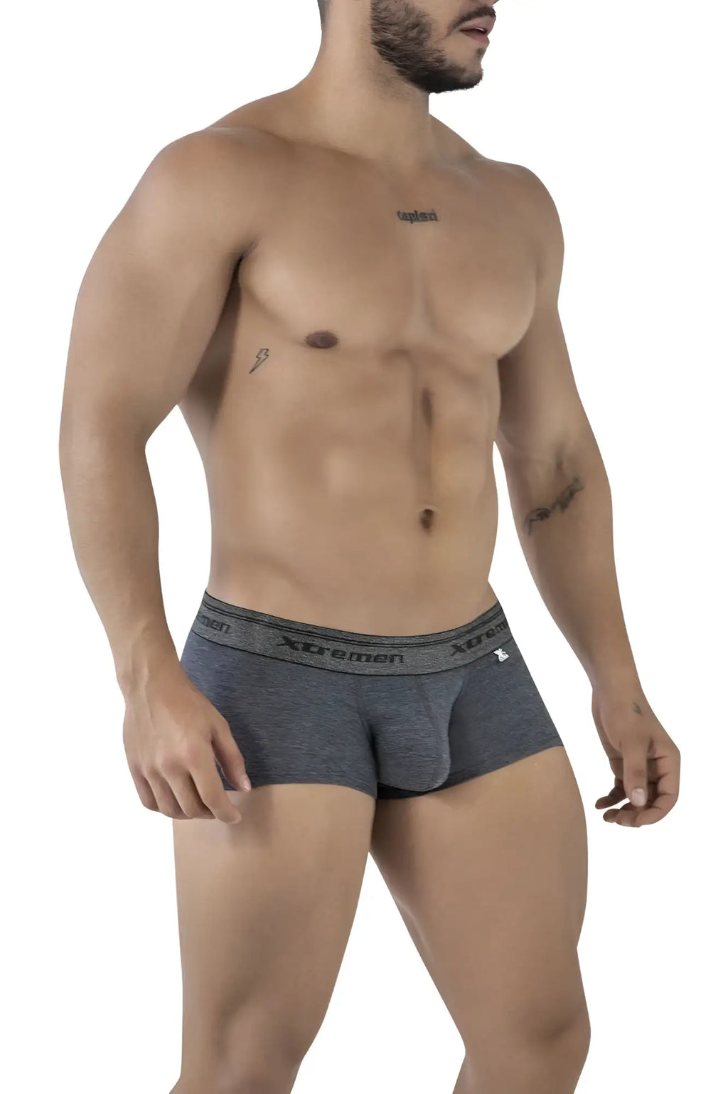 Gray heathered xtremen 91205b cotton blend men’s briefs with black elastic waistband featuring brand logo