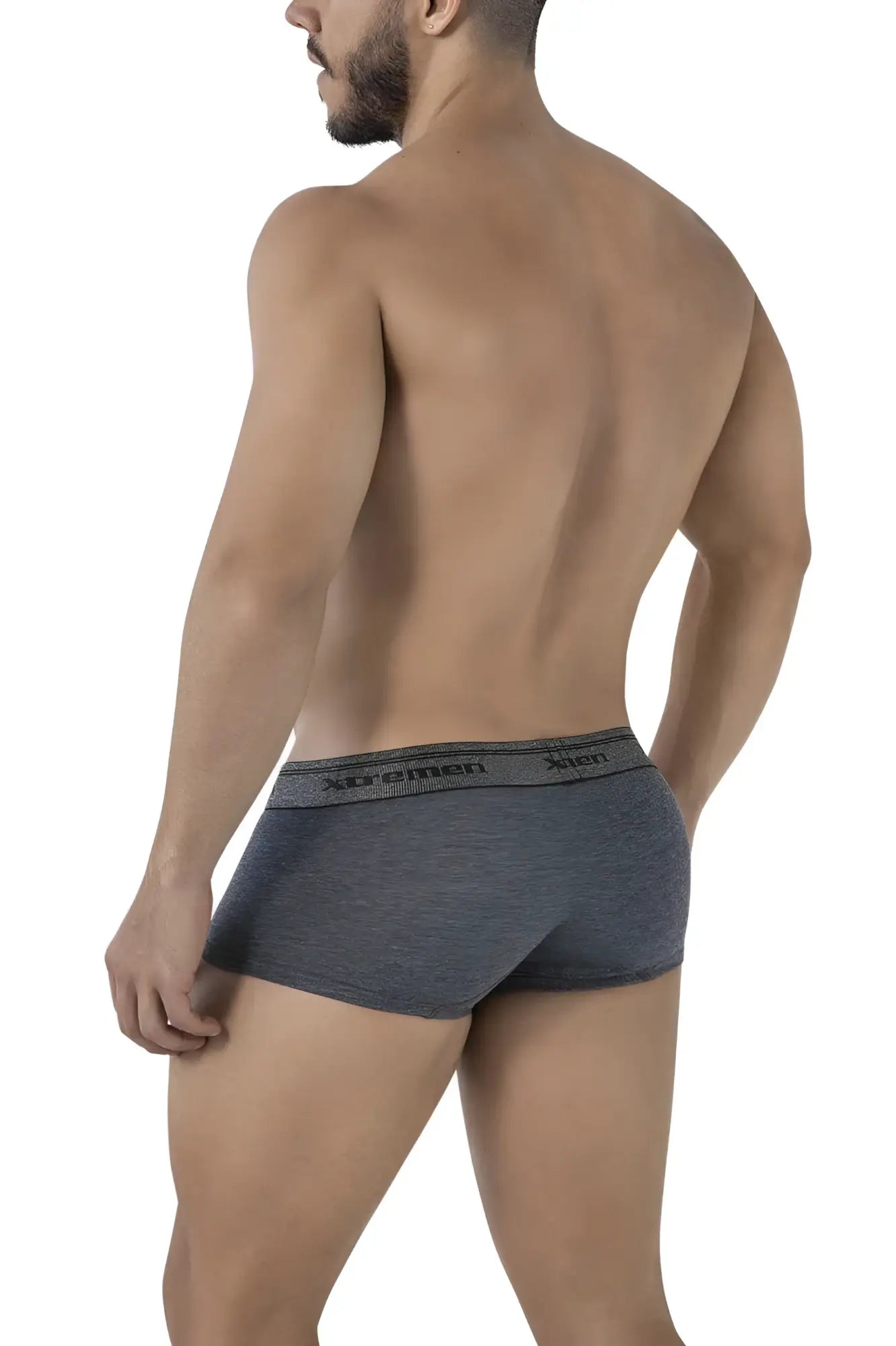 Gray heathered men’s cotton blend briefs with black elastic waistband featuring xtreme brand name trunks color cross