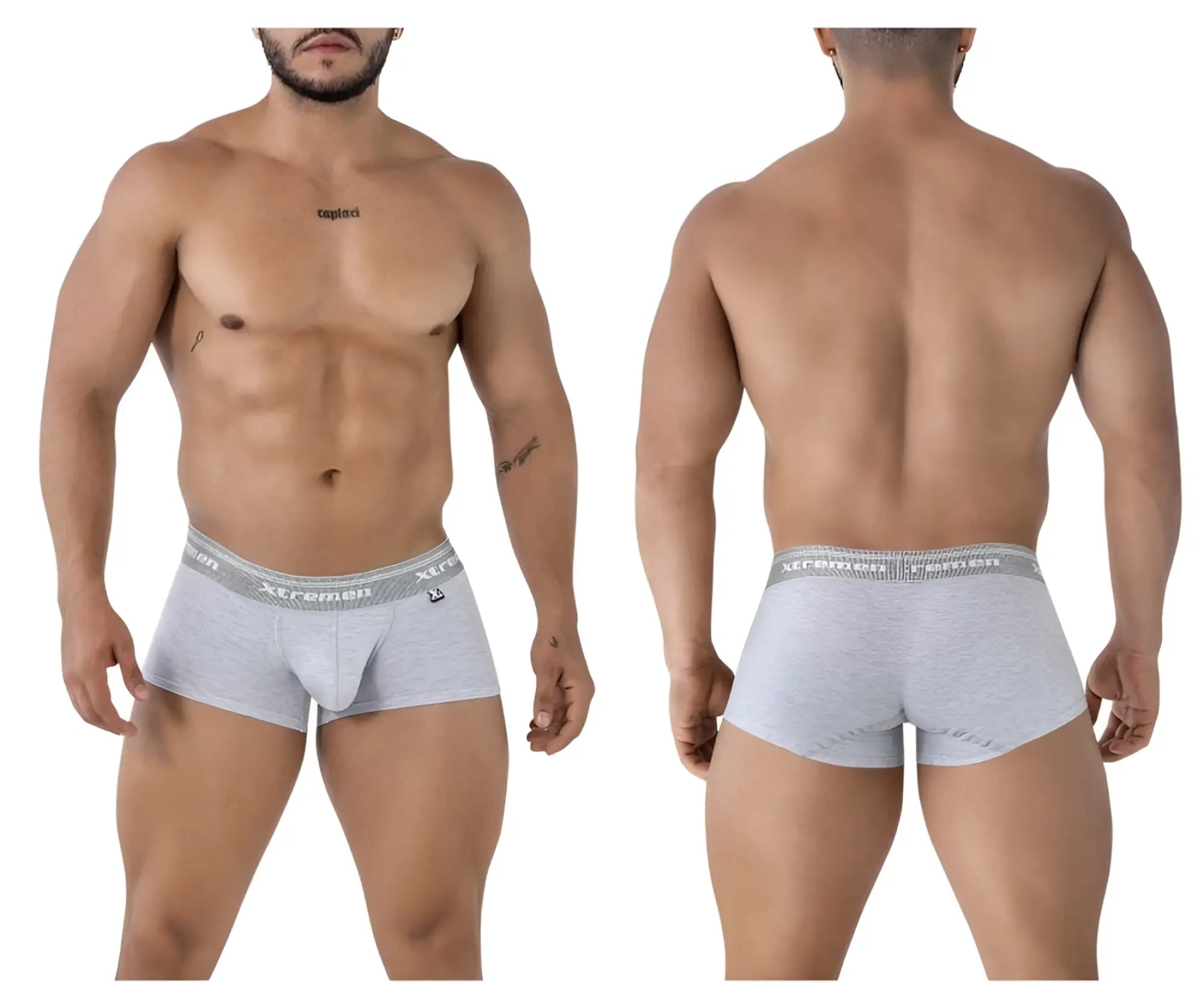 Gray heathered cotton blend briefs with gray elastic waistband and xtremen logo in black text color jasper gray