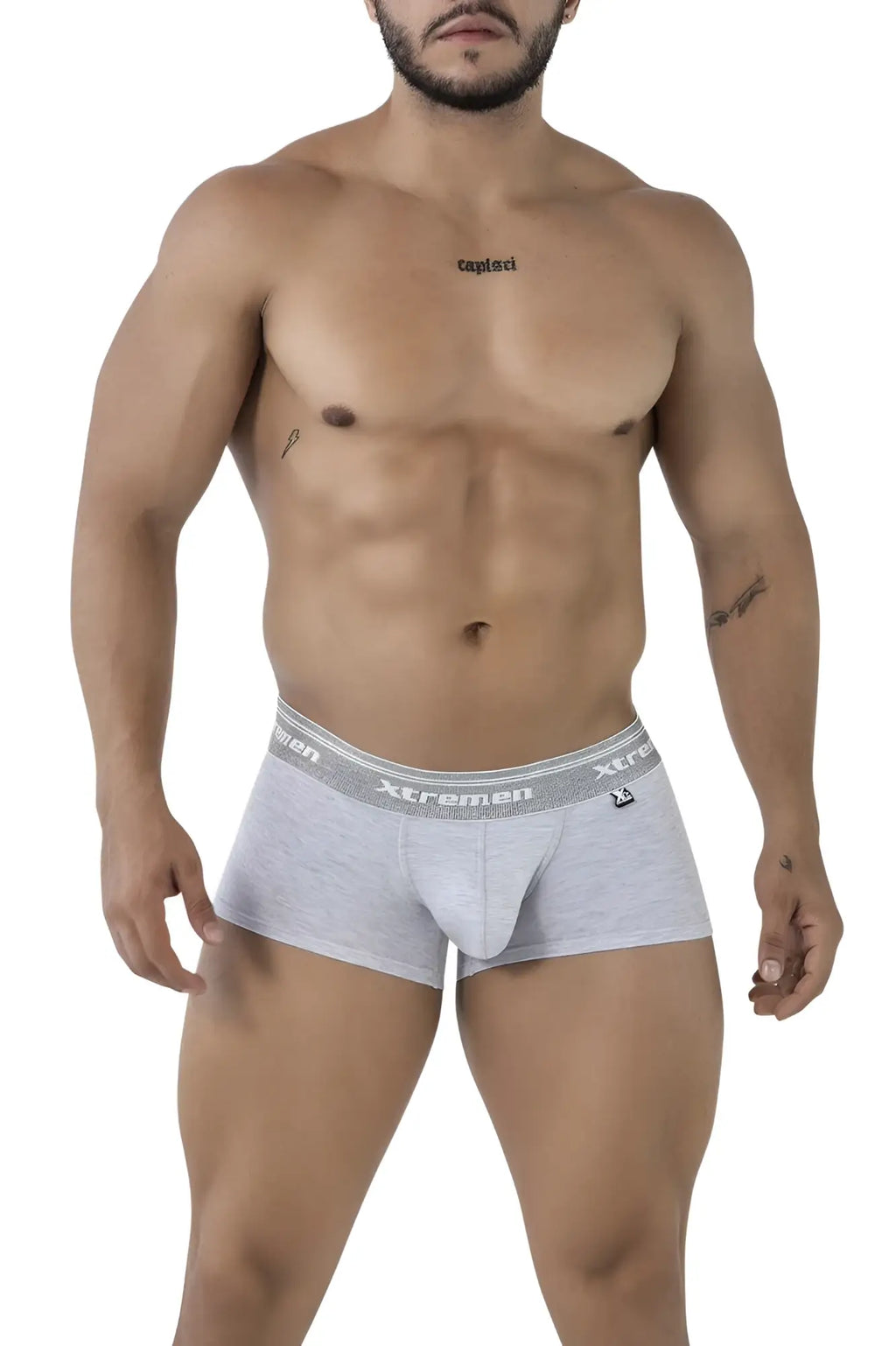 Xtremen 91205b cotton blend trunks in jasper gray heathered cotton with gray waistband featuring xtremen logo