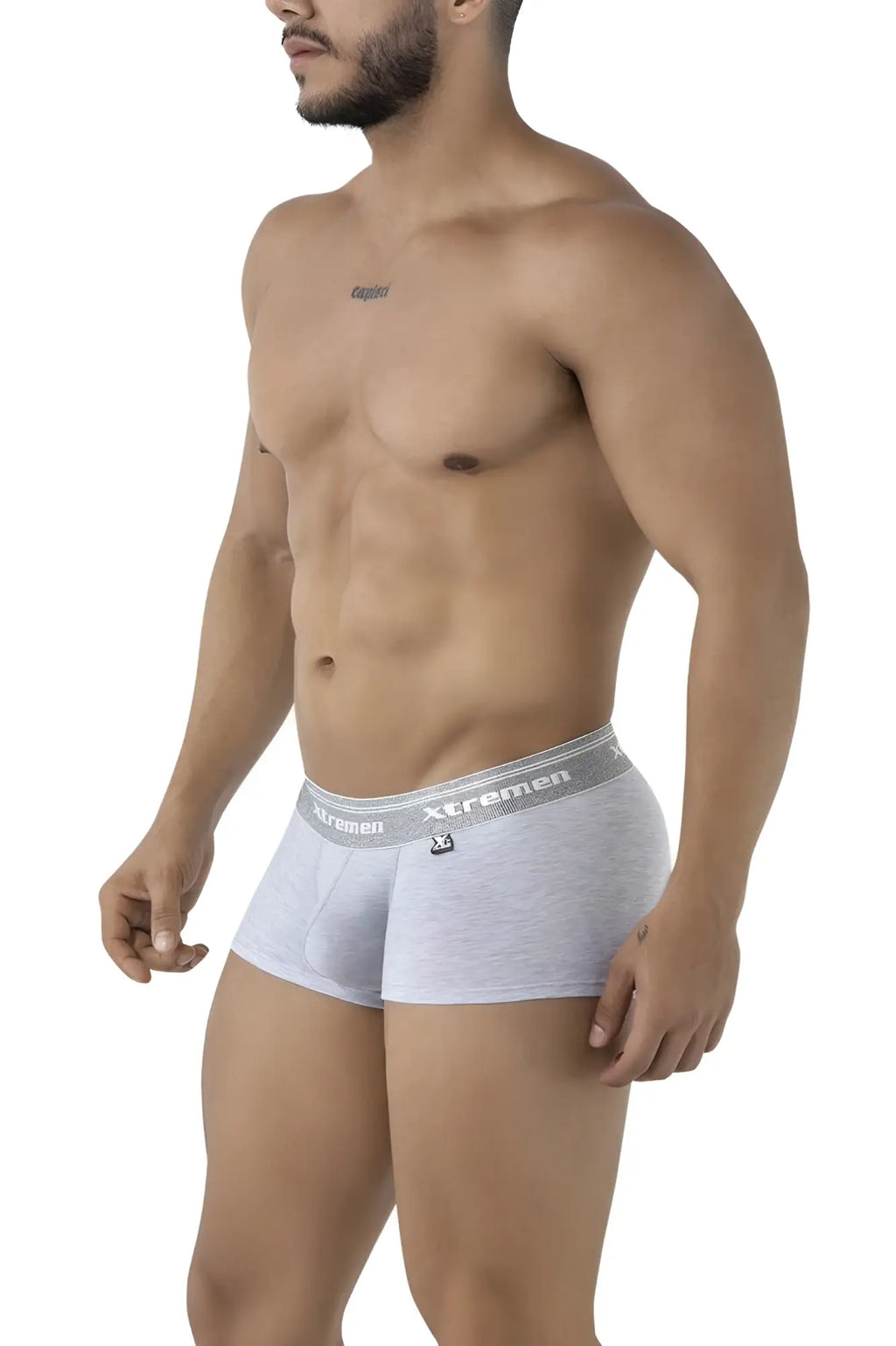 Gray heathered cotton blend trunks with silver xtremen elastic waistband in jasper gray color