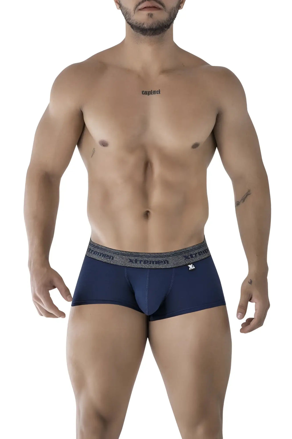 Navy xtremen 91205B cotton blend men’s boxer briefs with gray elastic waistband featuring brand name and logo