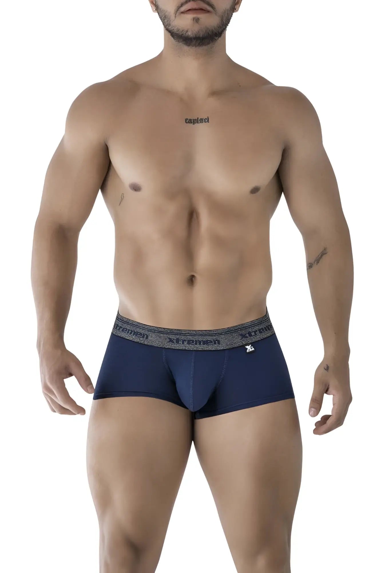 Navy xtremen 91205B cotton blend men’s boxer briefs with gray elastic waistband featuring brand name and logo