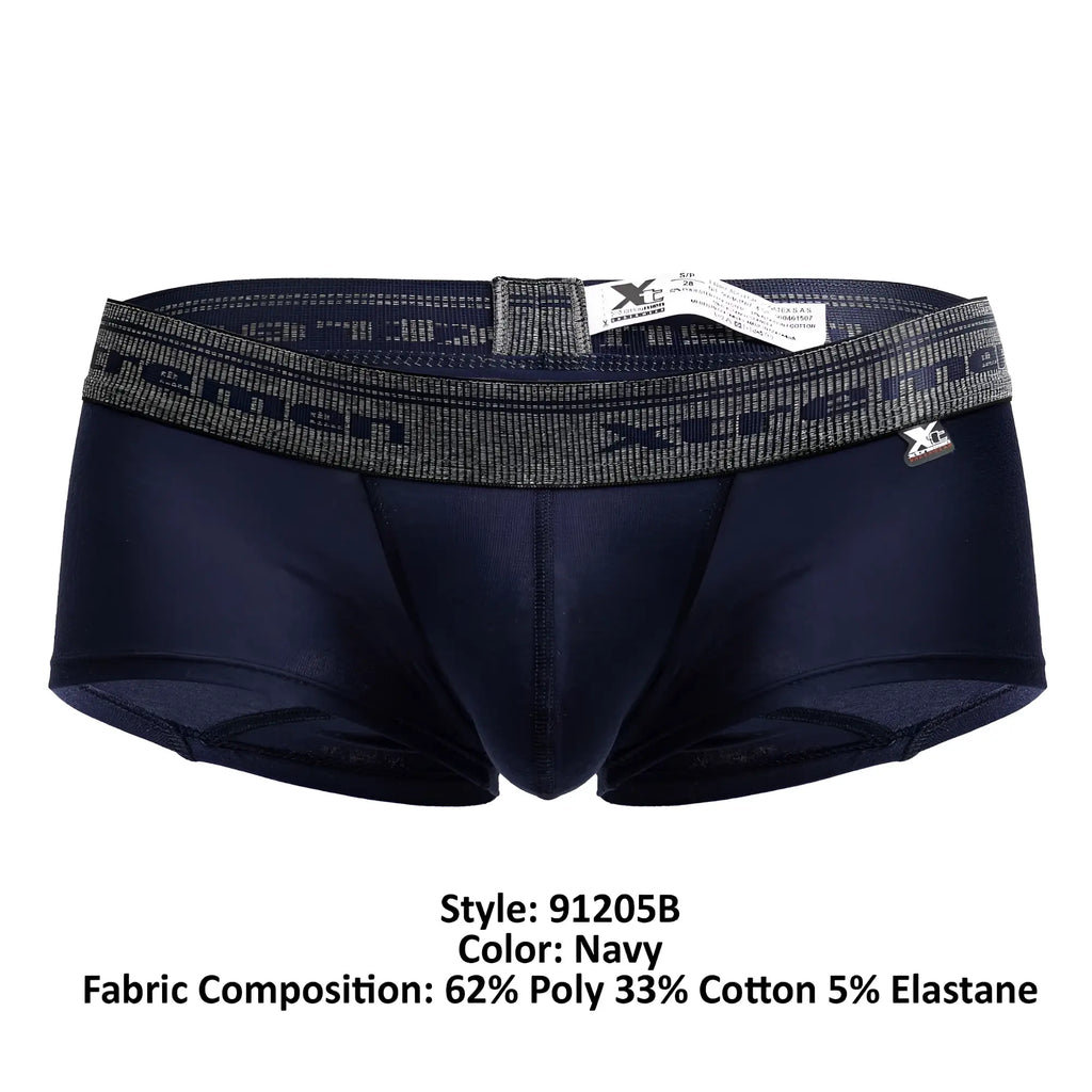 Navy xtremen 91205b cotton blend men’s briefs with gray elastic waistband featuring xcemen brand logo