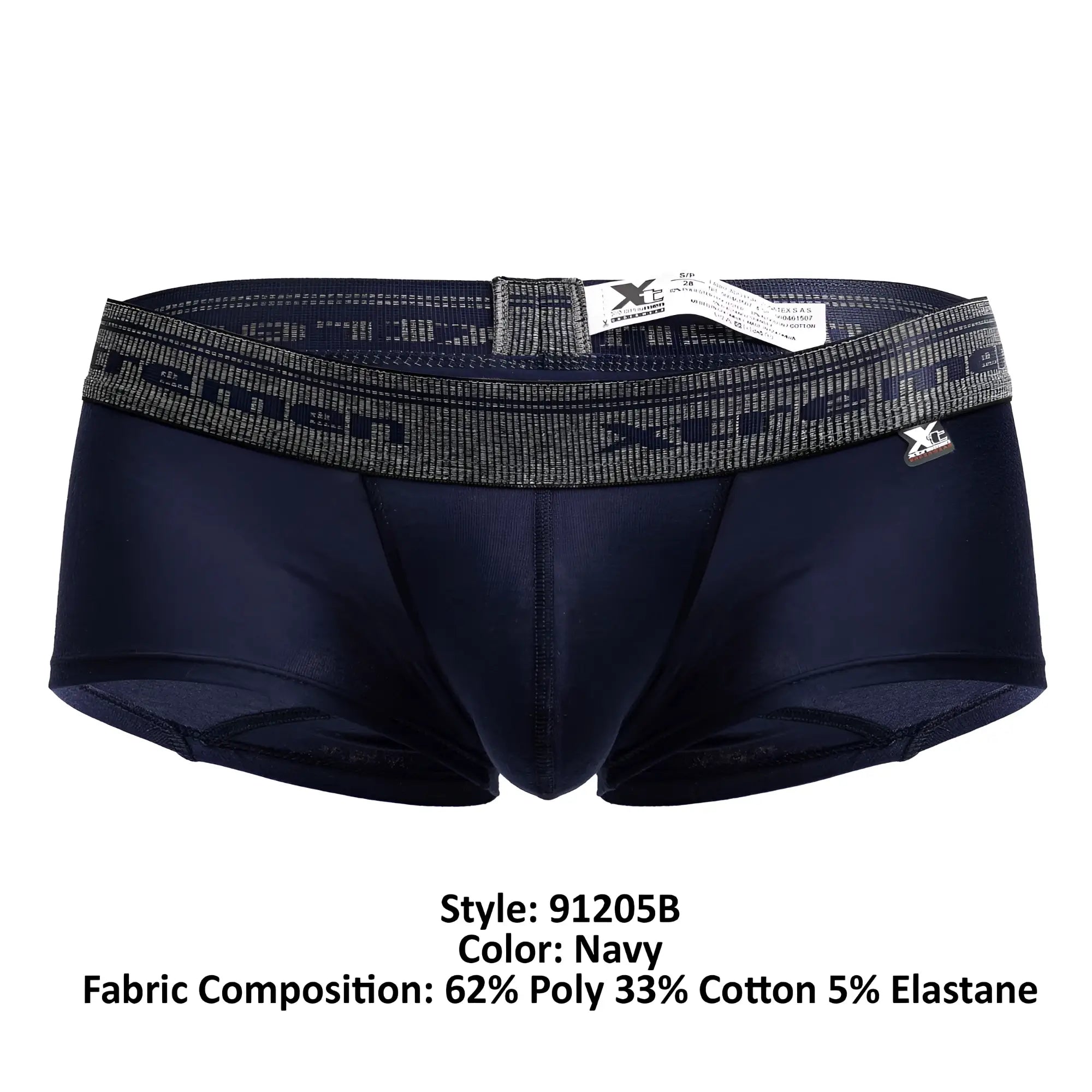 Navy xtremen 91205b cotton blend men’s briefs with gray elastic waistband featuring xcemen brand logo