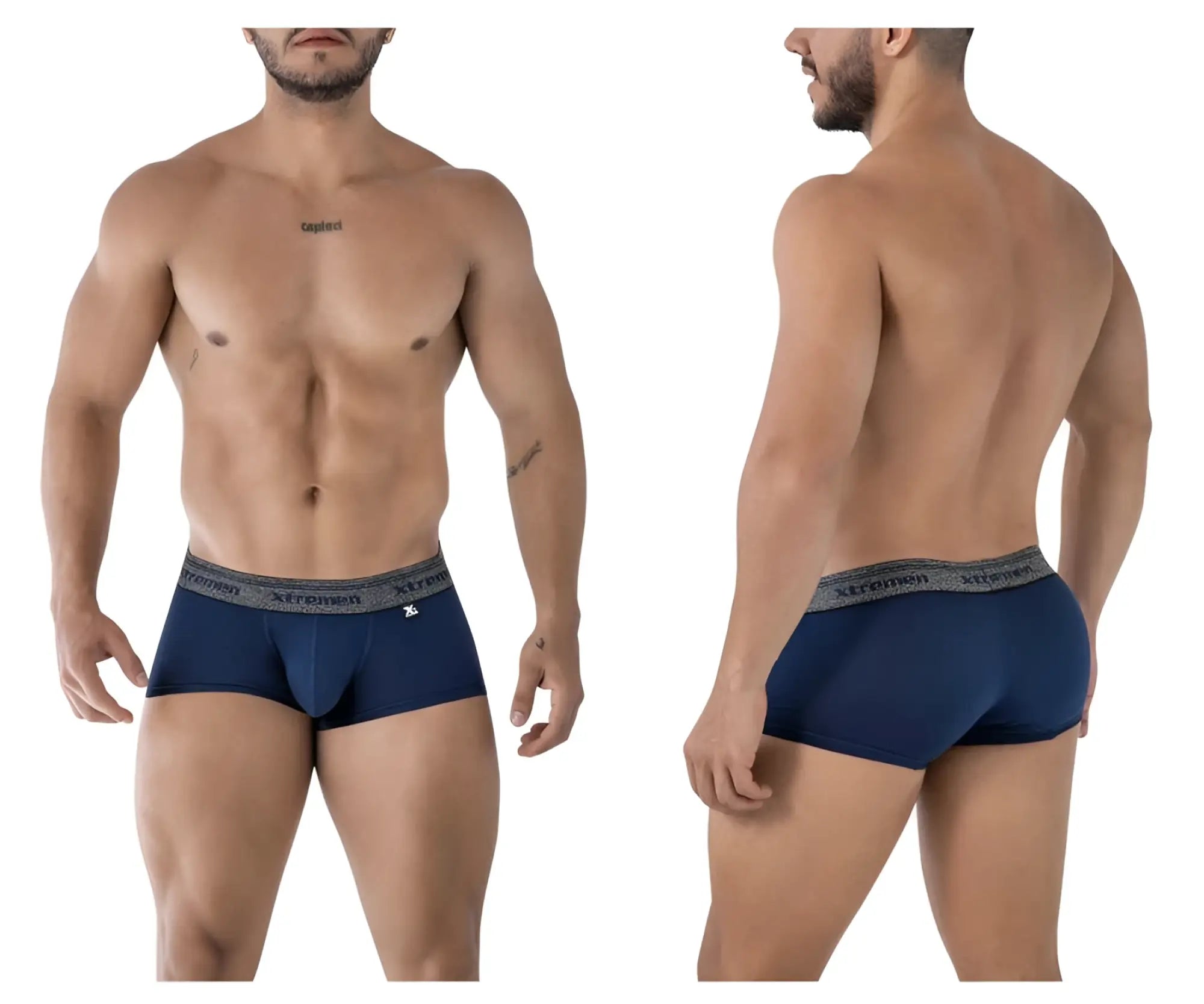 Navy blue cotton blend stretch briefs with gray elastic waistband featuring xtremen logo model 91205b trunks