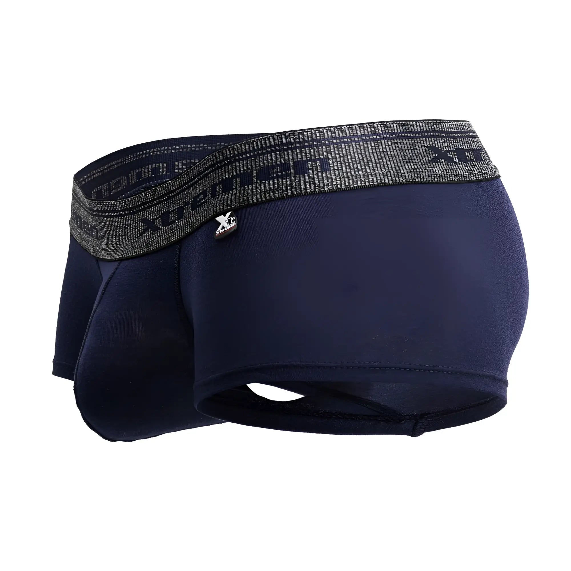 Navy xtremen 91205b cotton blend men’s boxer briefs with textured gray waistband and brand logo in front view
