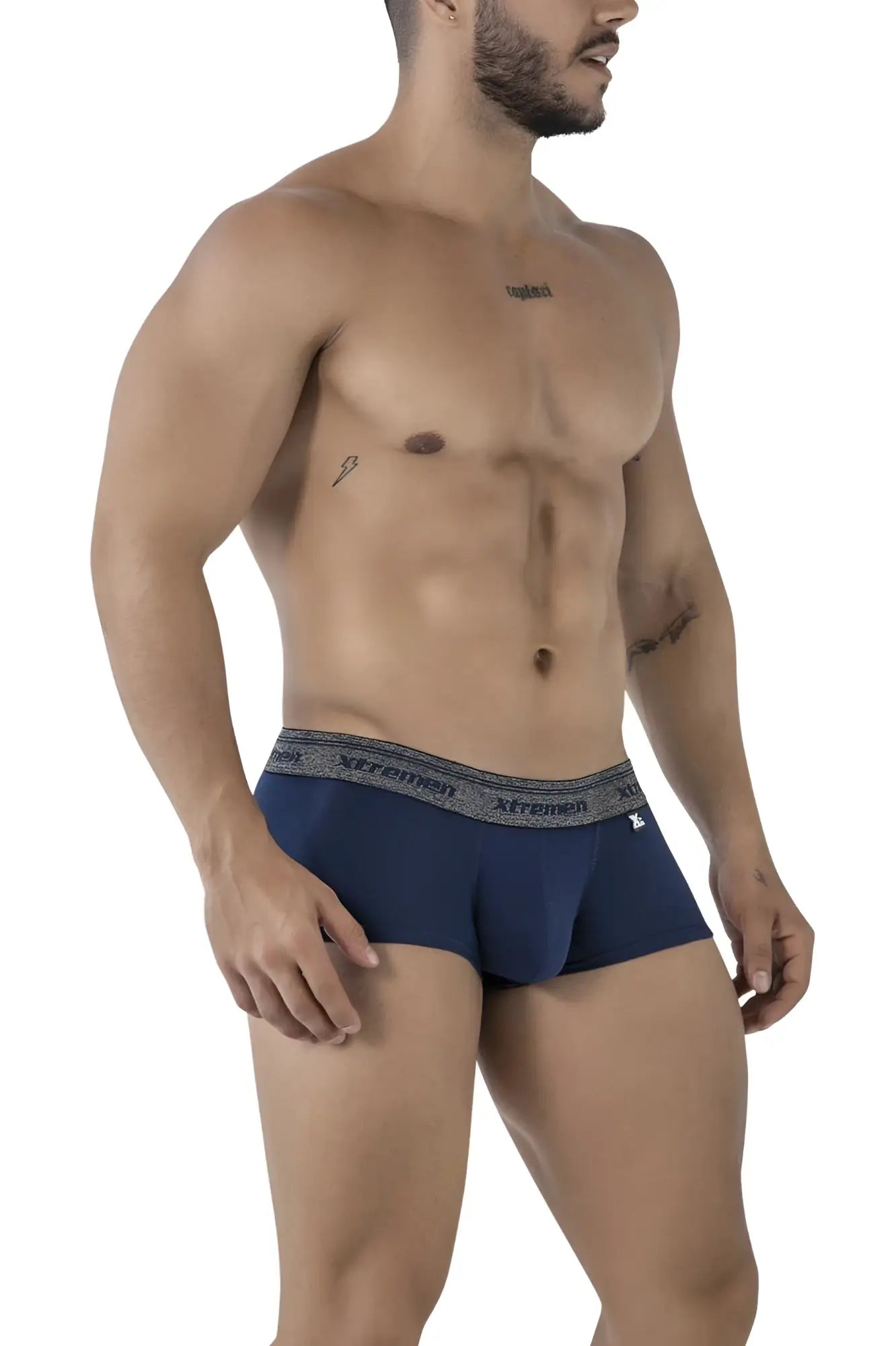 Navy xtremen 91205b cotton blend briefs with gray elastic waistband and black xtremen brand lettering