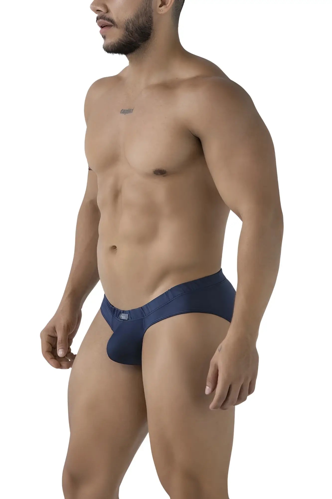 Navy xtremen 91207b microfiber men’s briefs with a subtle brand logo on the waistband front view