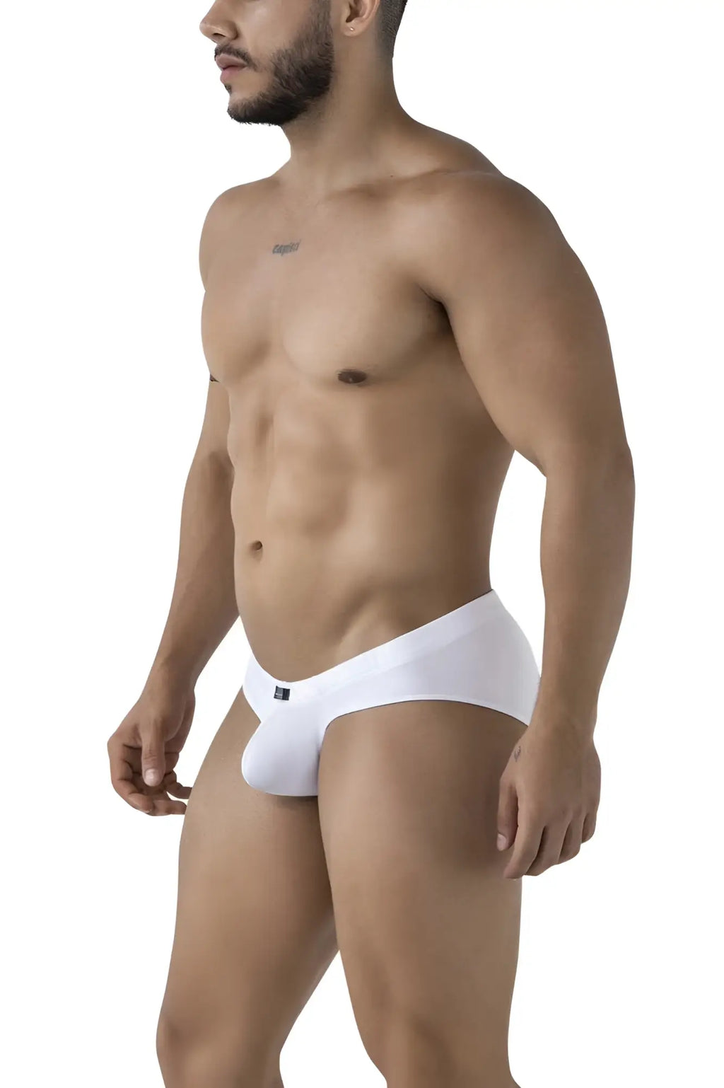 White xtremen 91207b microfiber briefs with sleek form fitting design and small black logo on the left hip